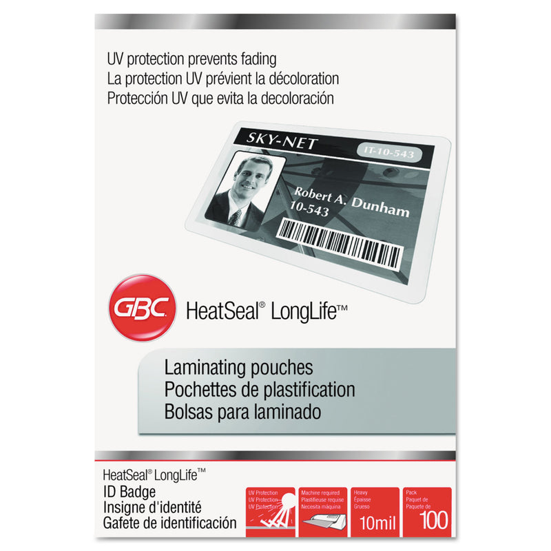 GBC LongLife Thermal Laminating Pouches, 10 mil, 2.56" x 3.75", Gloss Clear, 100/Box