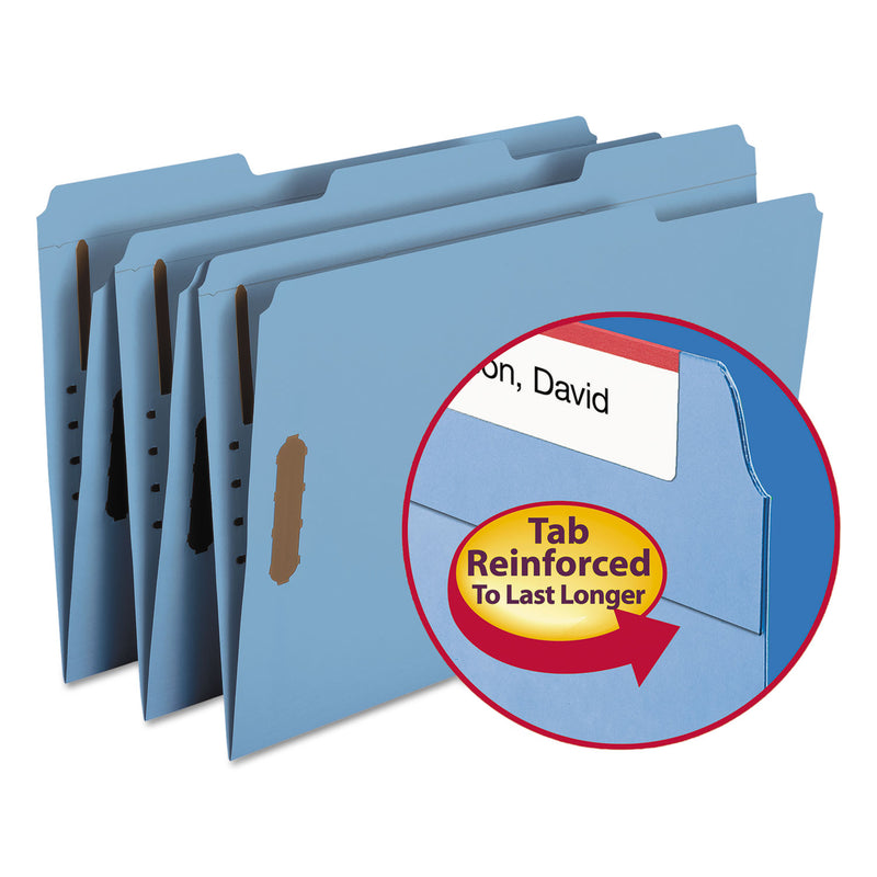 Smead Top Tab Colored Fastener Folders, 2 Fasteners, Legal Size, Blue Exterior, 50/Box