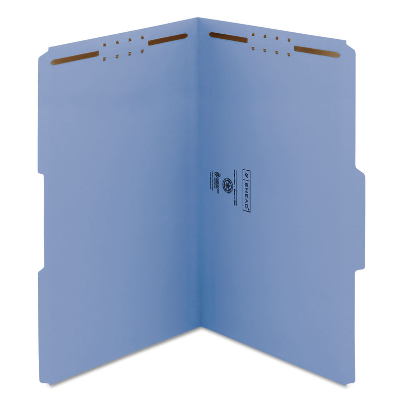 Smead Top Tab Colored Fastener Folders, 2 Fasteners, Legal Size, Blue Exterior, 50/Box