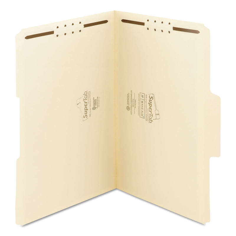Smead SuperTab Reinforced Guide Height Fastener Folders, 2 Fasteners, Legal Size, 11-pt Manila Exterior, 50/Box