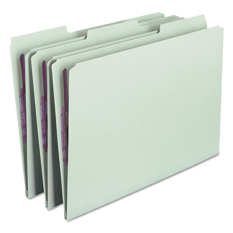 Smead Recycled Pressboard Folders with Two SafeSHIELD Coated Fasteners, 1" Expansion, 1/3-Cut Tabs, Legal Size, Gray-Green, 25/Box