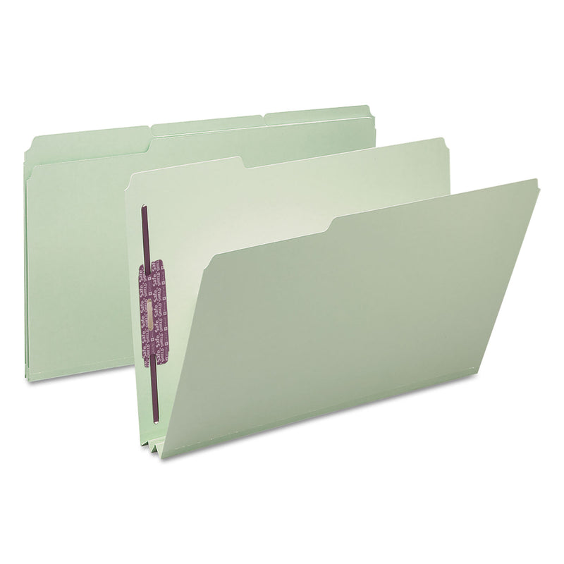 Smead Recycled Pressboard Folders with Two SafeSHIELD Coated Fasteners, 2" Expansion, 1/3-Cut Tabs, Legal Size, Gray-Green, 25/Box