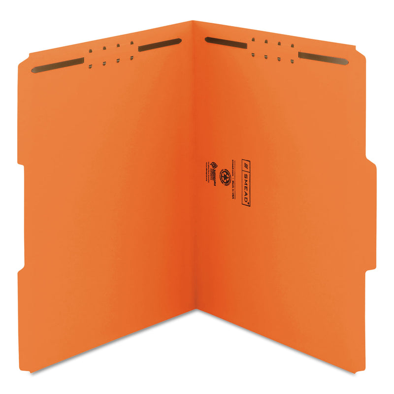 Smead Top Tab Colored Fastener Folders, 2 Fasteners, Letter Size, Orange Exterior, 50/Box