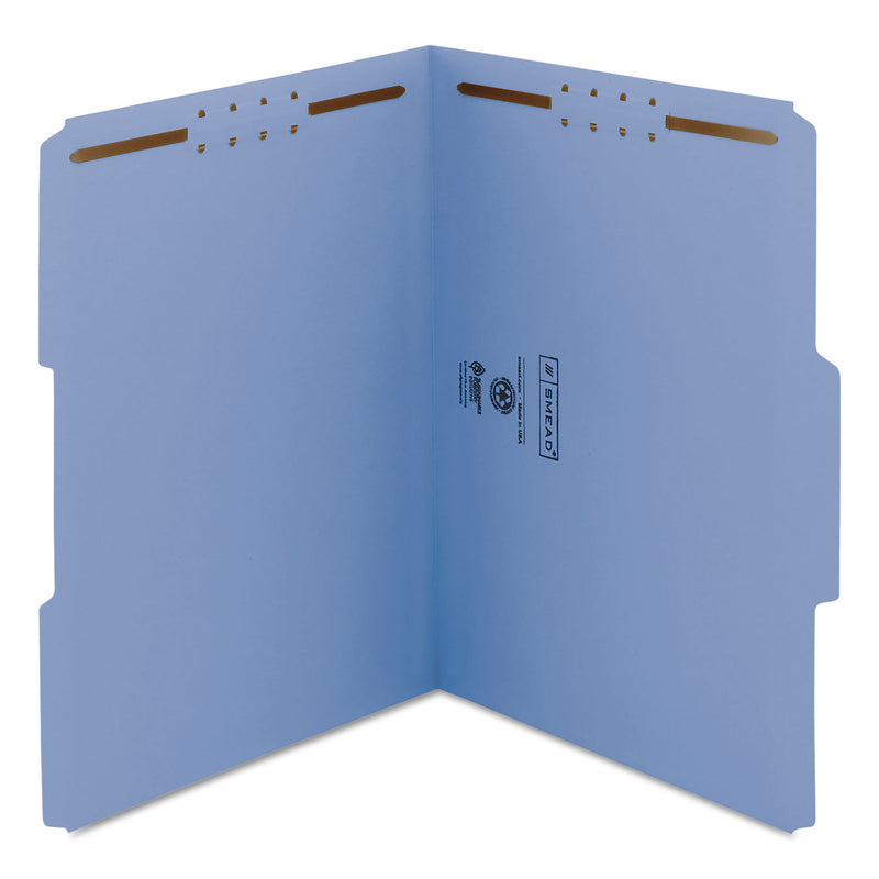 Smead Top Tab Colored Fastener Folders, 2 Fasteners, Letter Size, Blue Exterior, 50/Box