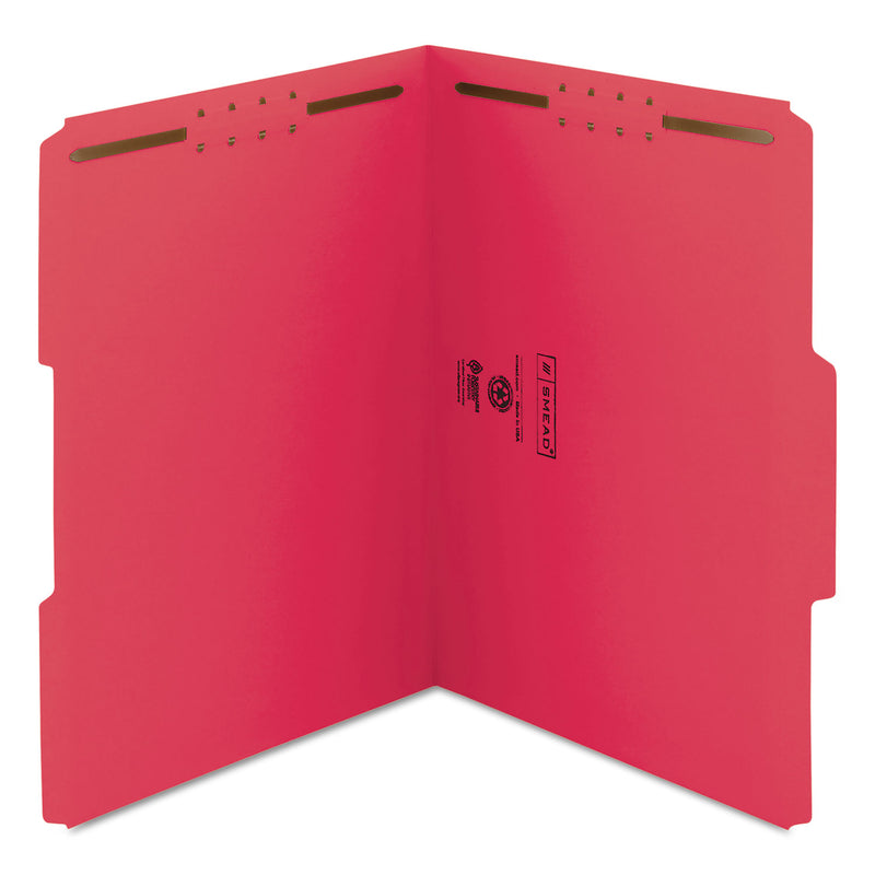 Smead Top Tab Colored Fastener Folders, 2 Fasteners, Letter Size, Red Exterior, 50/Box