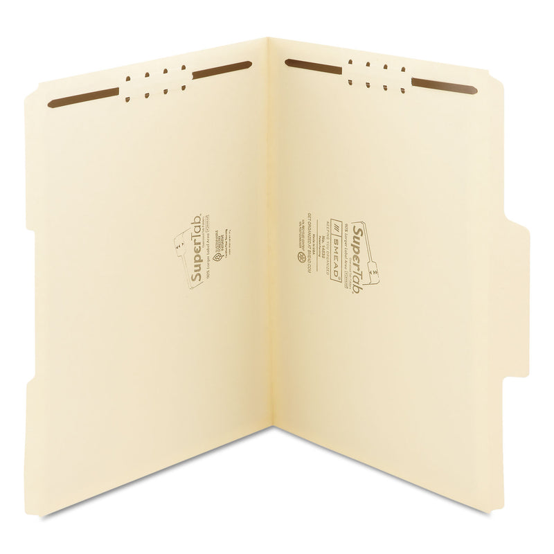 Smead SuperTab Reinforced Guide Height Fastener Folders, 2 Fasteners, Letter Size, 11-pt Manila Exterior, 50/Box