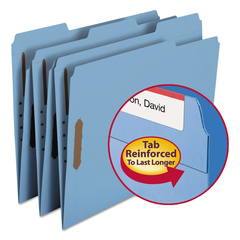 Smead Top Tab Colored Fastener Folders, 2 Fasteners, Letter Size, Blue Exterior, 50/Box