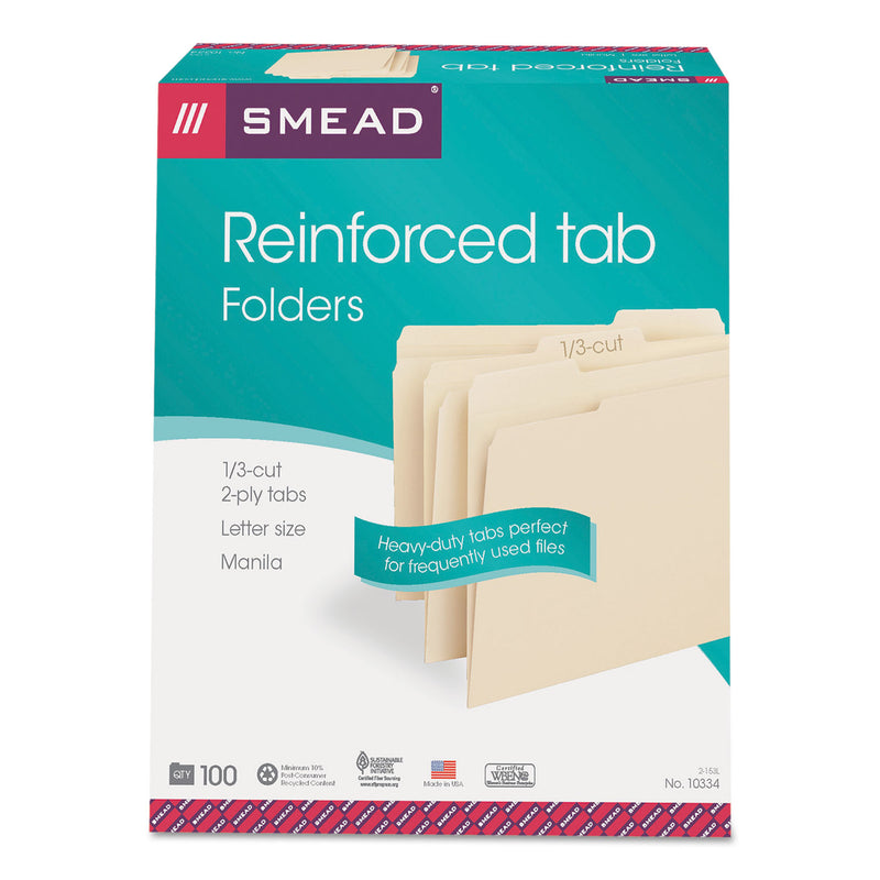 Smead Reinforced Tab Manila File Folders, 1/3-Cut Tabs: Assorted, Letter Size, 0.75" Expansion, 11-pt Manila, 100/Box
