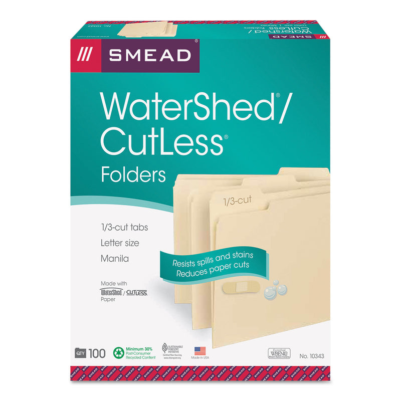 Smead WaterShed/CutLess File Folders, 1/3-Cut Tabs: Assorted, Letter Size, 0.75" Expansion, Manila, 100/Box