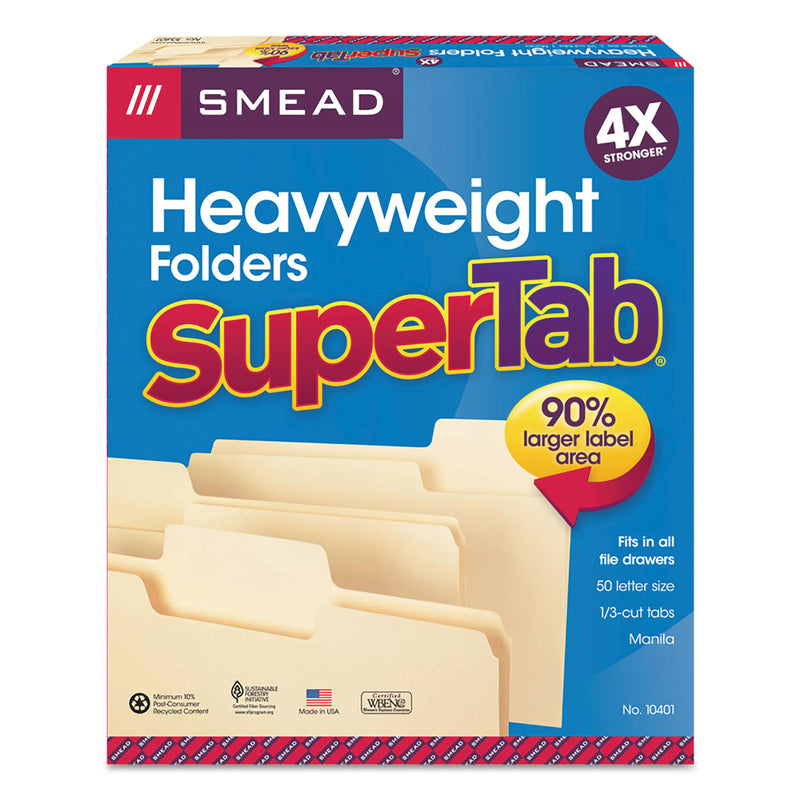 Smead SuperTab Top Tab File Folders, 1/3-Cut Tabs: Assorted, Letter Size, 0.75" Expansion, 14-pt Manila, 50/Box