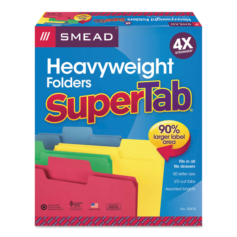 Smead SuperTab Colored File Folders, 1/3-Cut Tabs: Assorted, Letter Size, 0.75" Expansion, 14-pt Stock, Assorted Colors, 50/Box