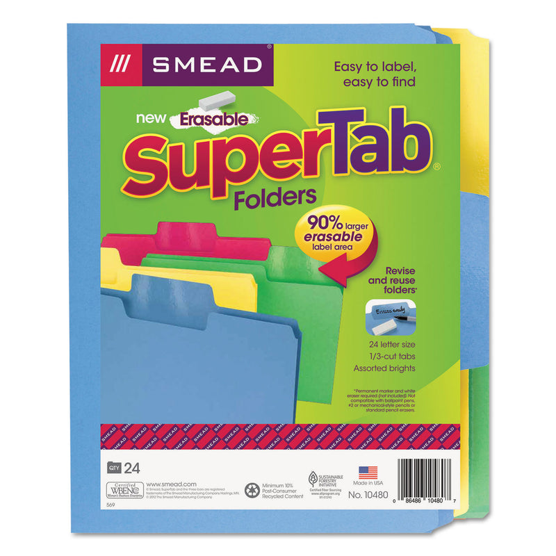 Smead Erasable SuperTab File Folders, 1/3-Cut Tabs: Assorted, Letter Size, 0.75" Expansion, Assorted Colors, 24/Pack