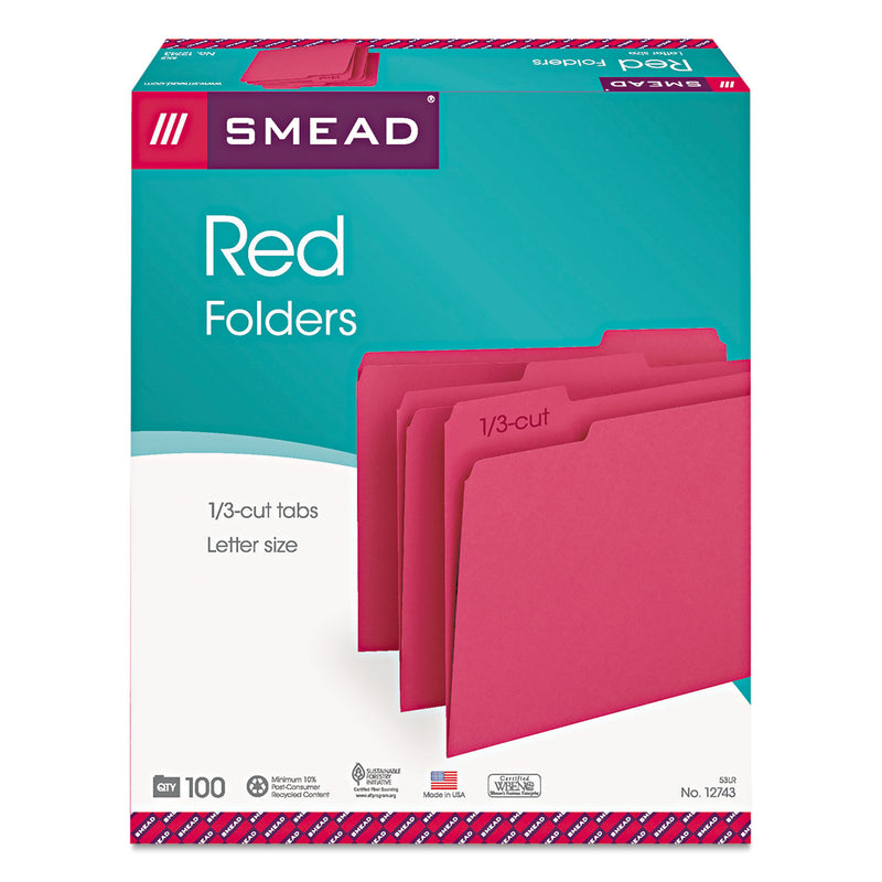 Smead Colored File Folders, 1/3-Cut Tabs: Assorted, Letter Size, 0.75" Expansion, Red, 100/Box