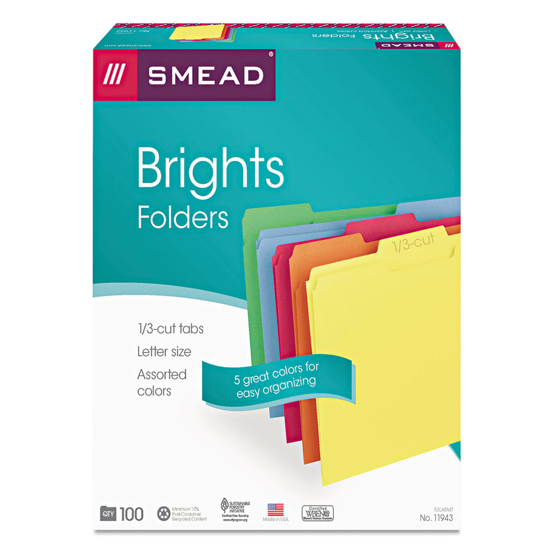 Smead Colored File Folders, 1/3-Cut Tabs: Assorted, Letter Size, 0.75" Expansion, Assorted: Blue/Green/Orange/Red/Yellow, 100/Box