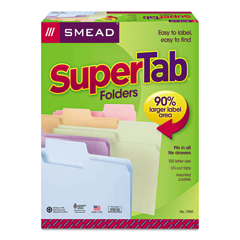 Smead SuperTab Colored File Folders, 1/3-Cut Tabs: Assorted, Letter Size, 0.75" Expansion, 11-pt Stock, Color Assortment 2, 100/Box