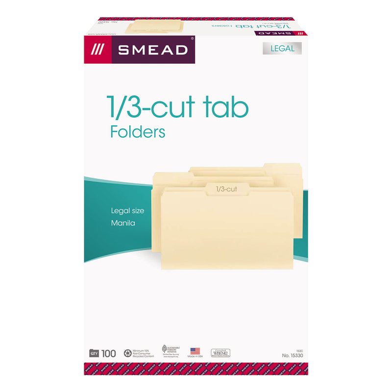 Smead Manila File Folders, 1/3-Cut Tabs: Assorted, Legal Size, 0.75" Expansion, Manila, 100/Box