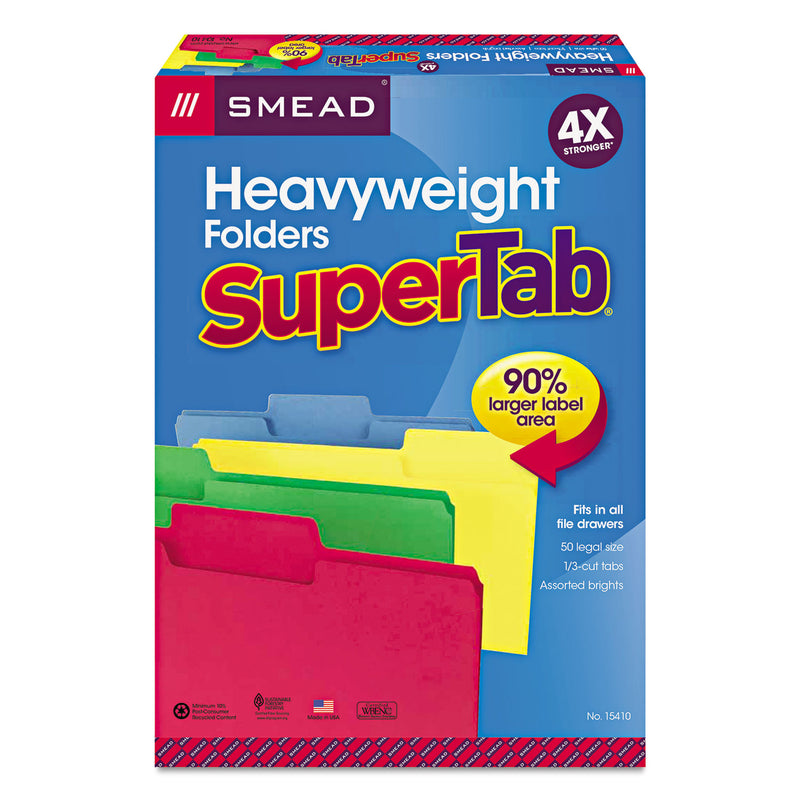 Smead SuperTab Colored File Folders, 1/3-Cut Tabs: Assorted, Legal Size, 0.75" Expansion, 14-pt Stock, Assorted Colors, 50/Box