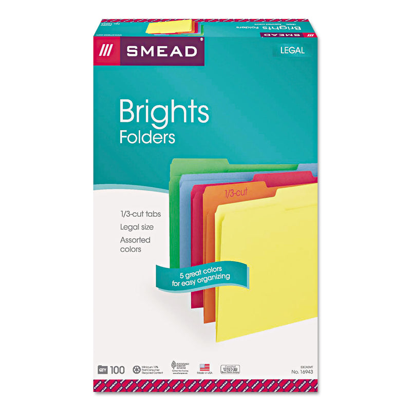 Smead Colored File Folders, 1/3-Cut Tabs: Assorted, Legal Size, 0.75" Expansion, Assorted Colors, 100/Box