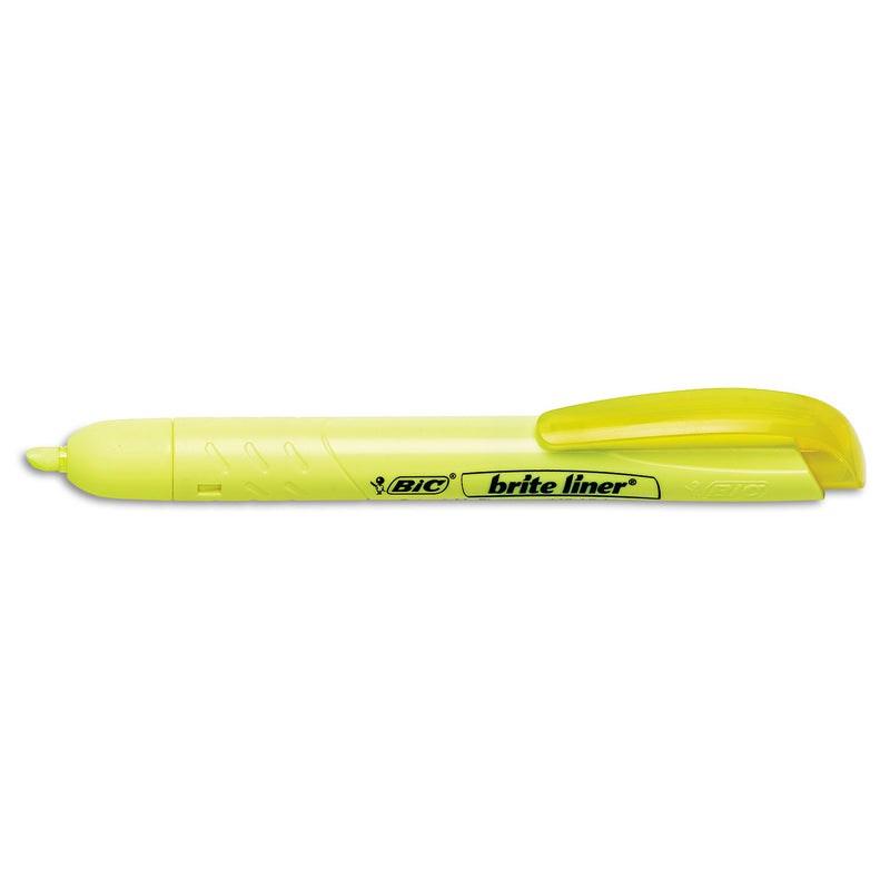 BIC Brite Liner Retractable Highlighter, Fluorescent Yellow Ink, Chisel Tip, Yellow/Black Barrel, Dozen