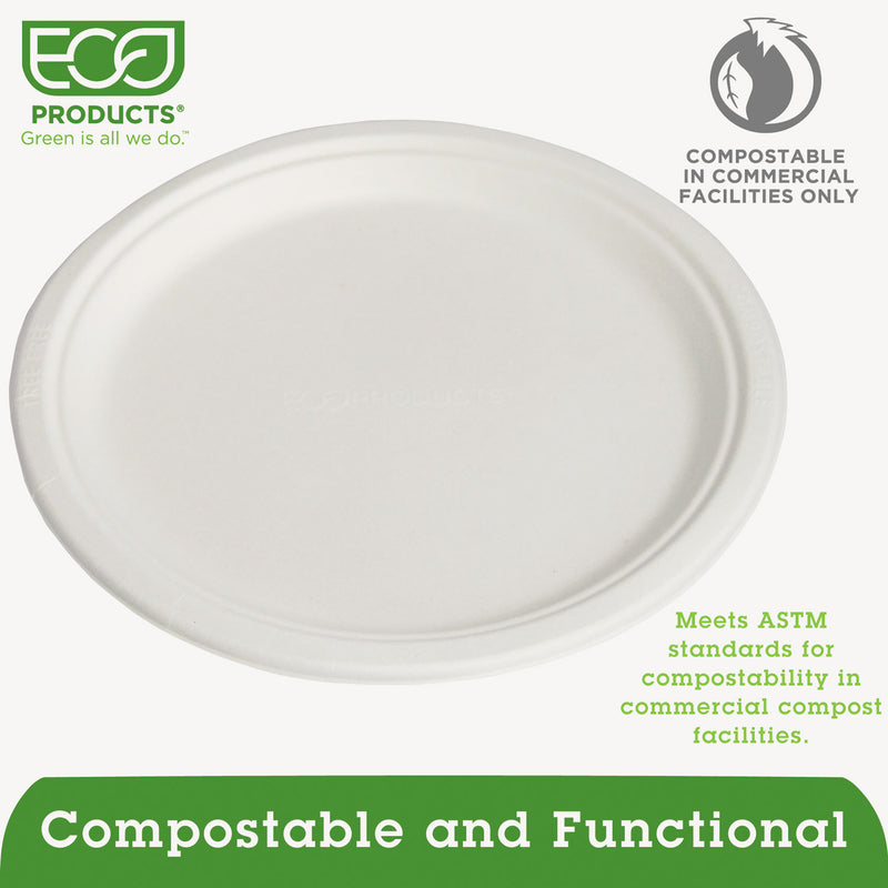 Eco-Products Renewable and Compostable Sugarcane Plates, 10" dia, Natural White, 500/Carton