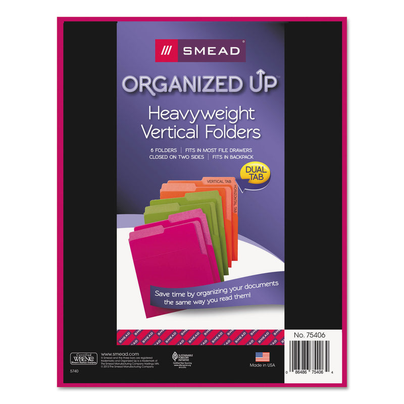 Smead Organized Up Heavyweight Vertical File Folders, 1/2-Cut Tabs, Letter Size, Assorted: Green/Orange/Red/Sky Blue/Yellow, 6/Pack