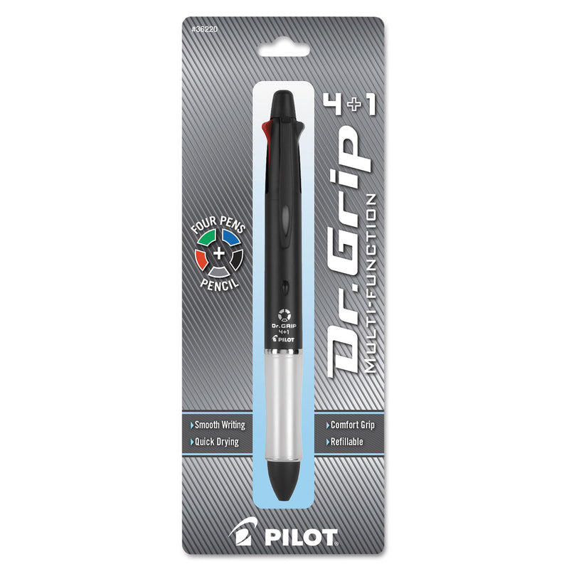 Pilot Dr. Grip 4 + 1 Multi-Color Ballpoint Pen/Pencil, Retractable, 0.7 mm Pen/0.5mm Pencil, Black/Blue/Green/Red Ink, Black Barrel