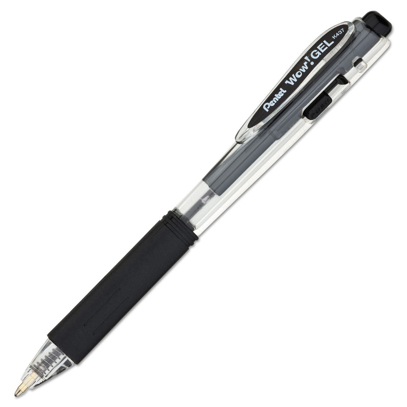 Pentel WOW! Gel Pen Bonus Pack, Retractable, Medium 0.7 mm, Black Ink, Clear/Black Barrel, 24/Pack