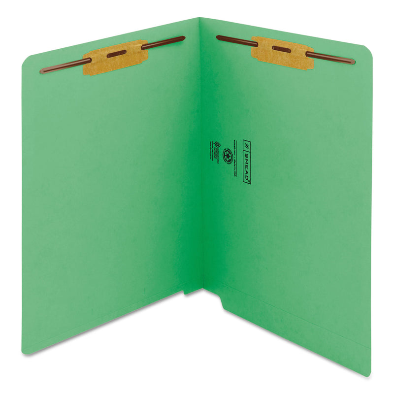 Smead Heavyweight Colored End Tab Fastener Folders, 2 Fasteners, Letter Size, Green Exterior, 50/Box