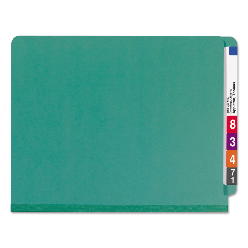 Smead End Tab Colored Pressboard Classification Folders with SafeSHIELD Coated Fasteners, 2 Dividers, Letter Size, Green, 10/Box