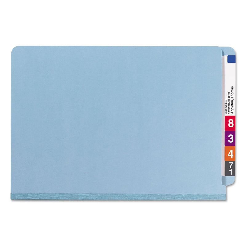 Smead End Tab Colored Pressboard Classification Folders with SafeSHIELD Coated Fasteners, 2 Dividers, Legal Size, Blue, 10/Box