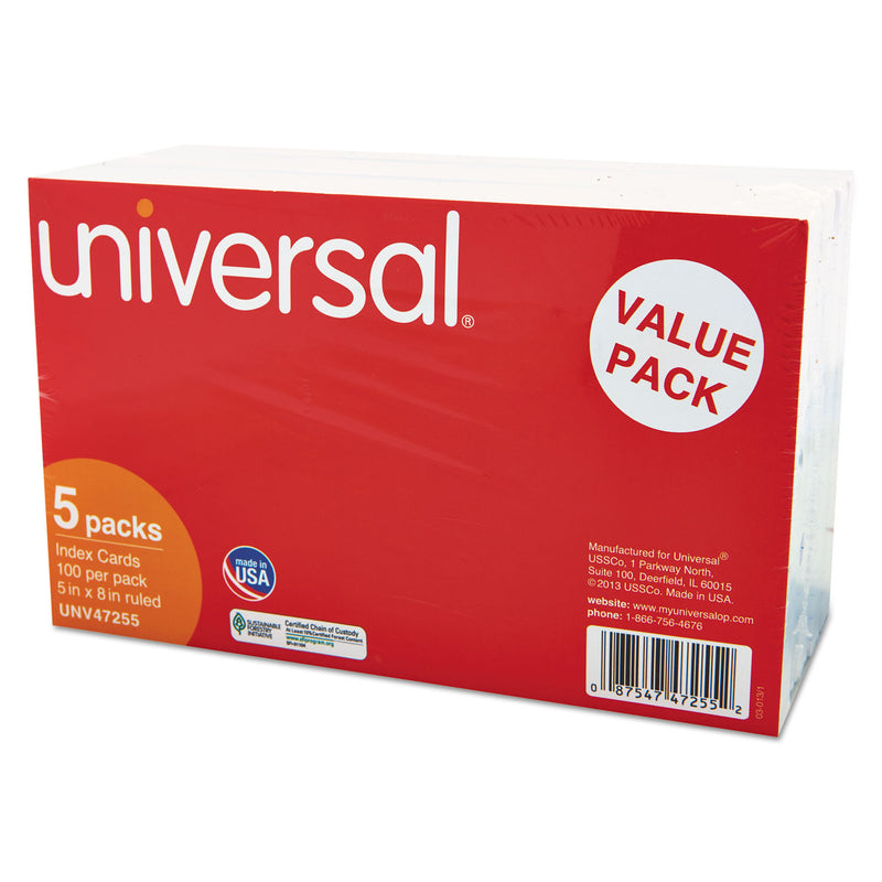 Universal Ruled Index Cards, 5 x 8, White, 500/Pack