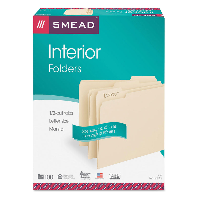 Smead Interior File Folders, 1/3-Cut Tabs: Assorted, Letter Size, 0.75" Expansion, Manila, 100/Box