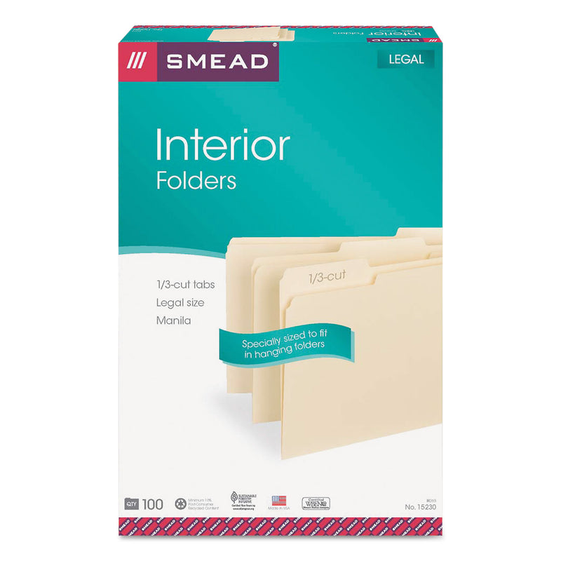 Smead Interior File Folders, 1/3-Cut Tabs: Assorted, Legal Size, 0.75" Expansion, Manila, 100/Box