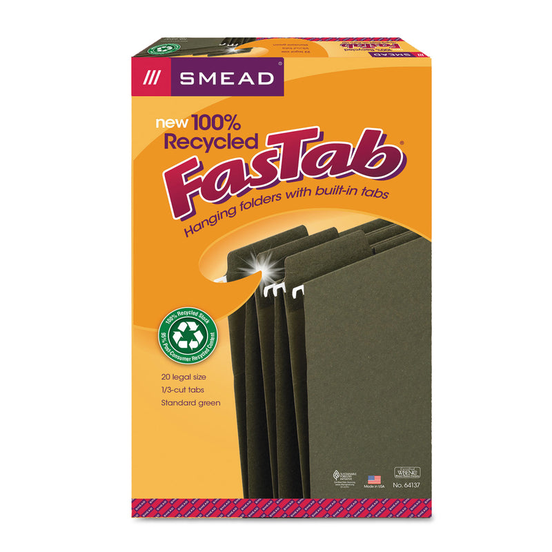 Smead FasTab Hanging Folders, Legal Size, 1/3-Cut Tabs, Standard Green, 20/Box