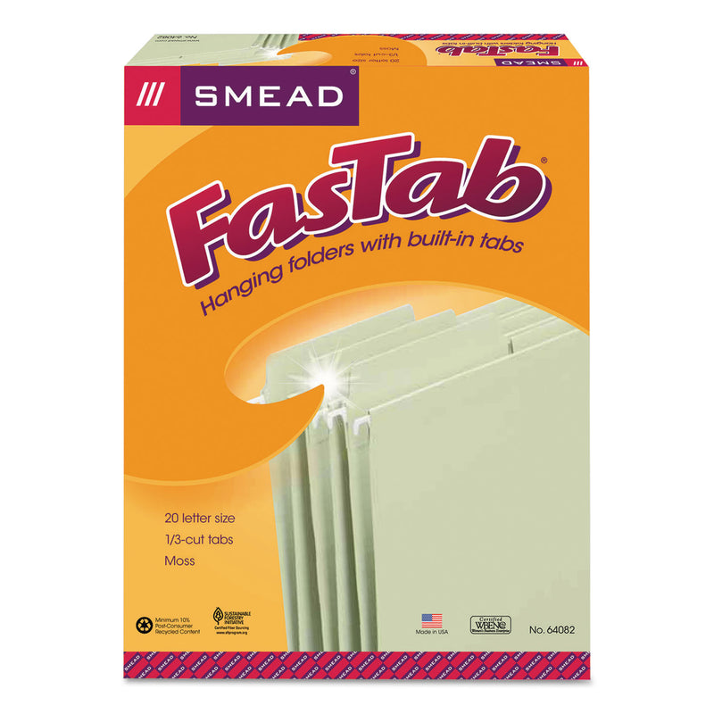 Smead FasTab Hanging Folders, Letter Size, 1/3-Cut Tabs, Moss, 20/Box