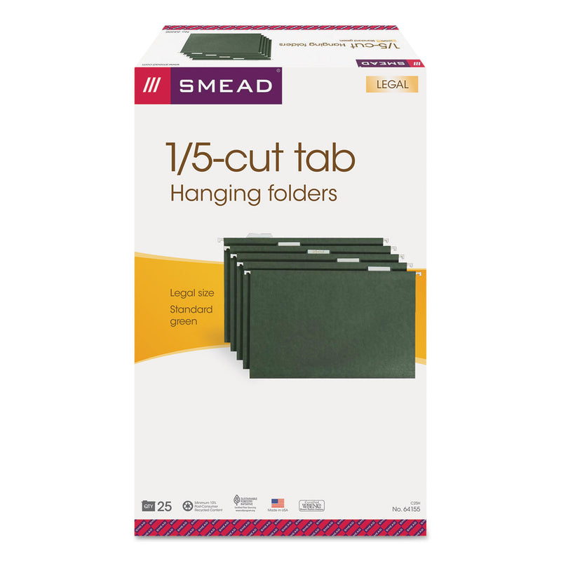 Smead Hanging Folders, Legal Size, 1/5-Cut Tabs, Standard Green, 25/Box