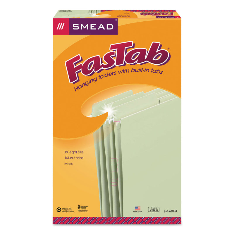 Smead FasTab Hanging Folders, Legal Size, 1/3-Cut Tabs, Moss, 20/Box