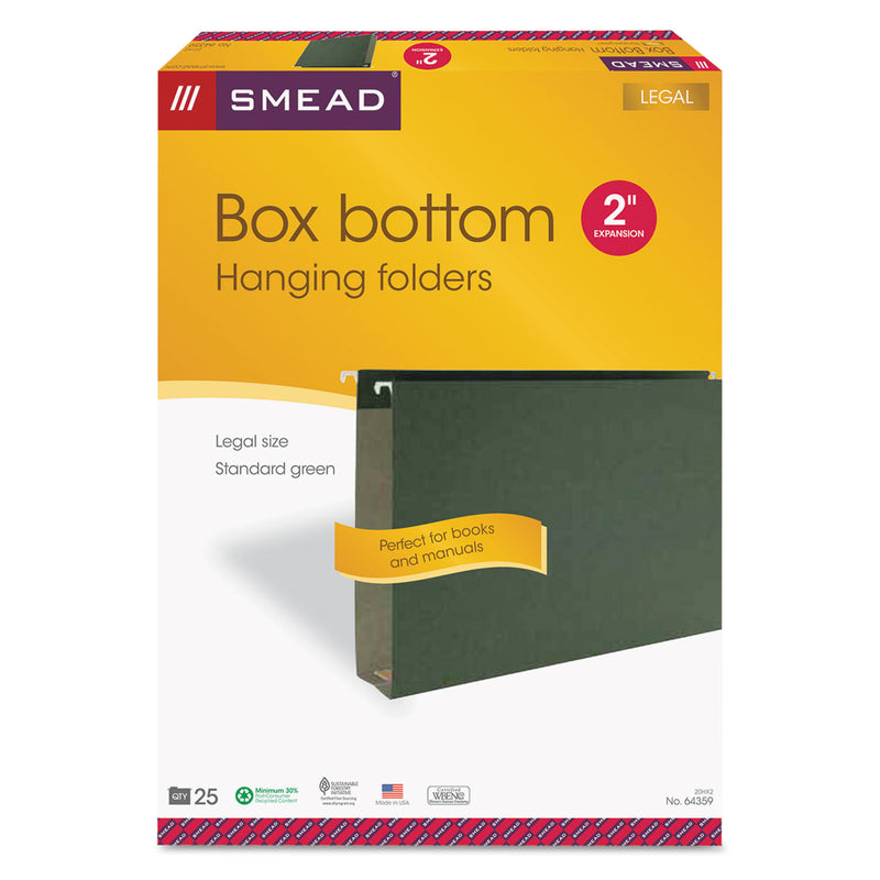 Smead Box Bottom Hanging File Folders, 2" Capacity, Legal Size, Standard Green, 25/Box