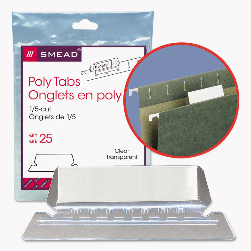 Smead Poly Index Tabs and Inserts For Hanging File Folders, 1/5-Cut, White/Clear, 2.25" Wide, 25/Pack