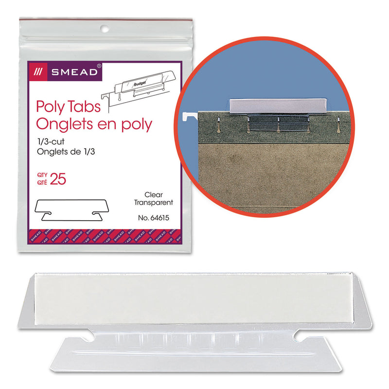 Smead Poly Index Tabs and Inserts For Hanging File Folders, 1/3-Cut, White/Clear, 3.5" Wide, 25/Pack