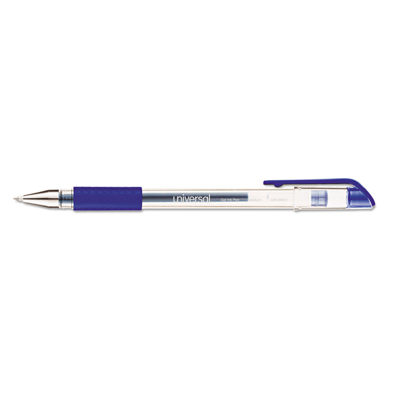 Universal Comfort Grip Gel Pen, Stick, Medium 0.7 mm, Blue Ink, Clear Barrel, Dozen
