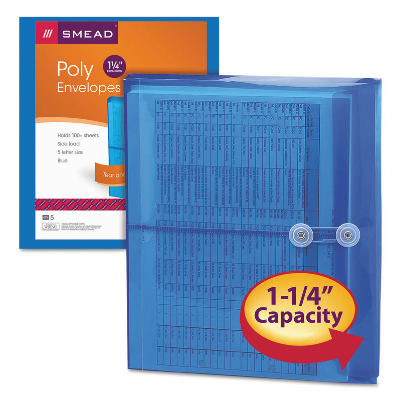Smead Poly String and Button Interoffice Envelopes, Open-Side (Horizontal), 9.75 x 11.63, Transparent Blue, 5/Pack