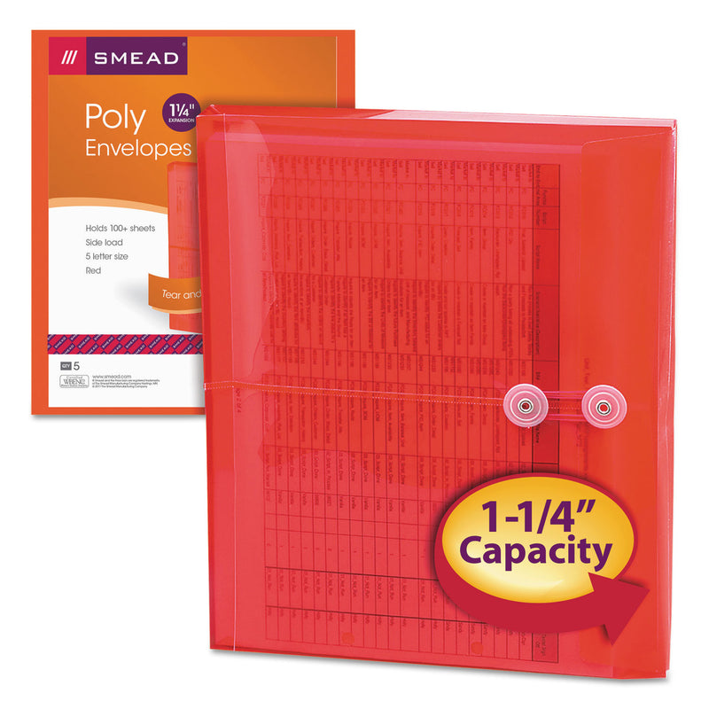 Smead Poly String and Button Interoffice Envelopes, Open-Side (Horizontal), 9.75 x 11.63, Transparent Red, 5/Pack