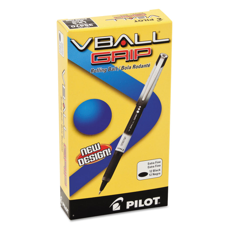 Pilot VBall Grip Liquid Ink Roller Ball Pen, Stick, Extra-Fine 0.5 mm, Black Ink, Black/White Barrel, Dozen