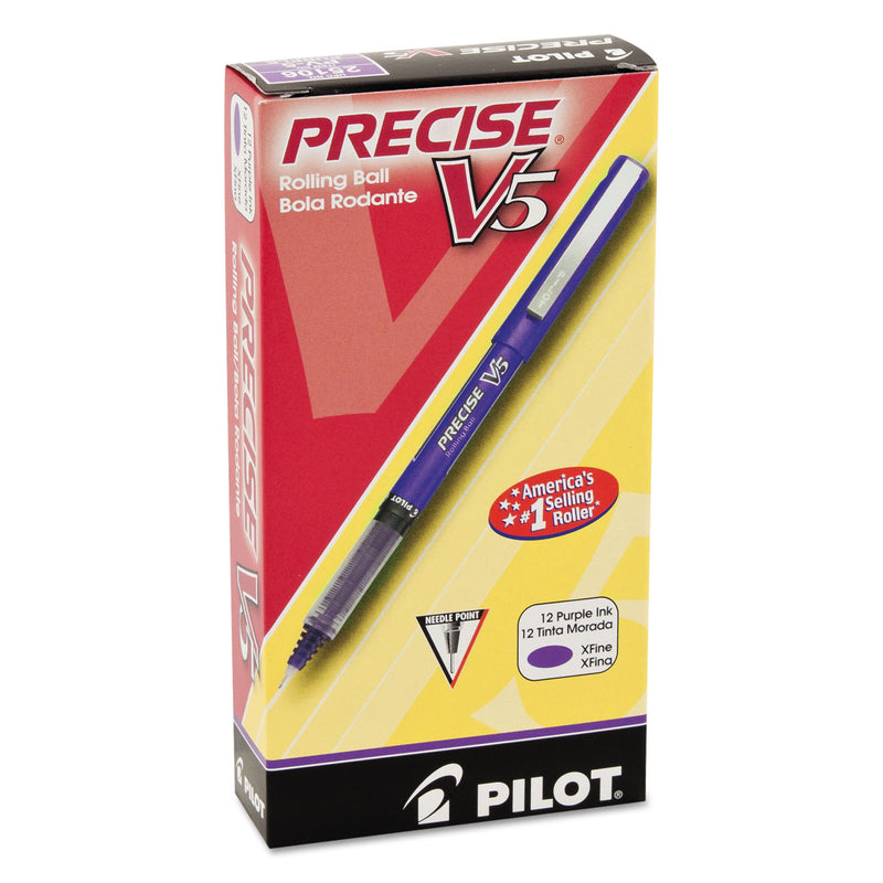 Pilot Precise V5 Roller Ball Pen, Stick, Extra-Fine 0.5 mm, Purple Ink, Purple Barrel, Dozen