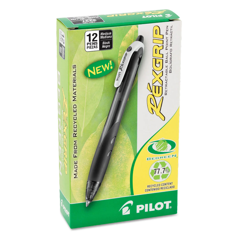 Pilot RexGrip BeGreen Ballpoint Pen, Retractable, Medium 1 mm, Black Ink, Black Barrel, Dozen
