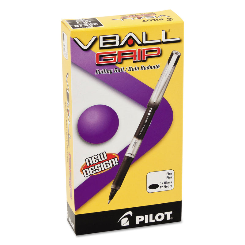 Pilot VBall Grip Liquid Ink Roller Ball Pen, Stick, Fine 0.7 mm, Black Ink, Black/Silver Barrel, Dozen