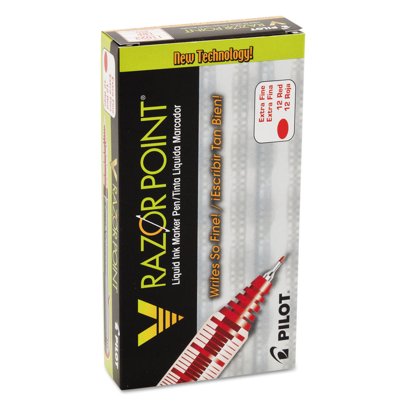 Pilot V Razor Point Liquid Ink Porous Point Pen, Stick, Extra-Fine 0.5 mm, Red Ink, Gray Barrel, Dozen