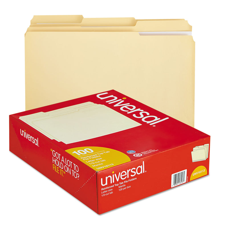 Universal Double-Ply Top Tab Manila File Folders, 1/3-Cut Tabs: Assorted, Letter Size, 0.75" Expansion, Manila, 100/Box