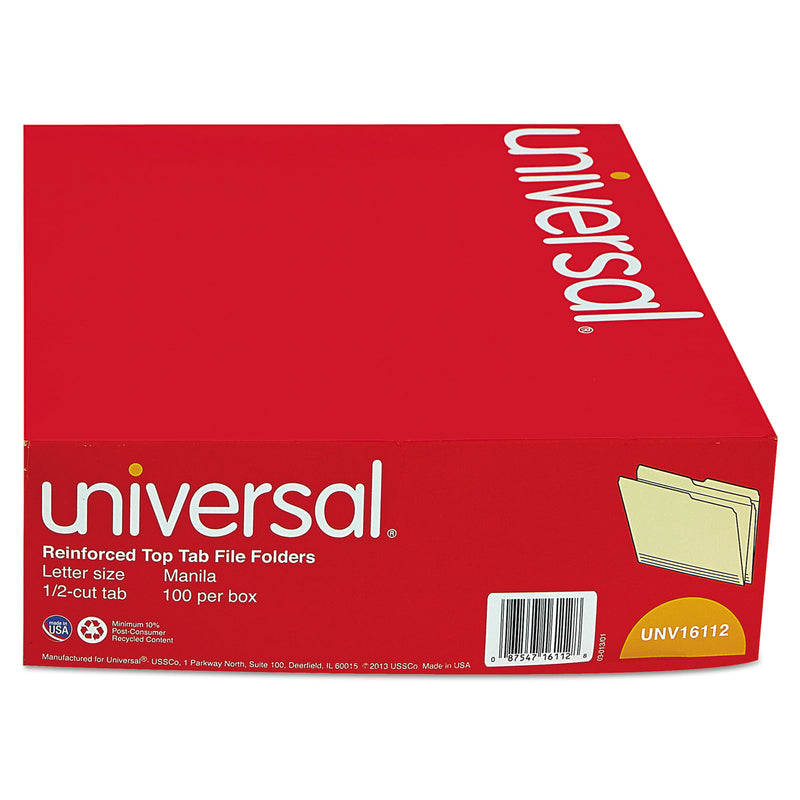 Universal Double-Ply Top Tab Manila File Folders, 1/2-Cut Tabs: Assorted, Letter Size, 0.75" Expansion, Manila, 100/Box